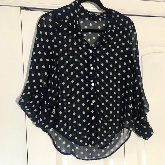 About A Girl Tops - About a Girl Navy & White Polka Dot Button Up S